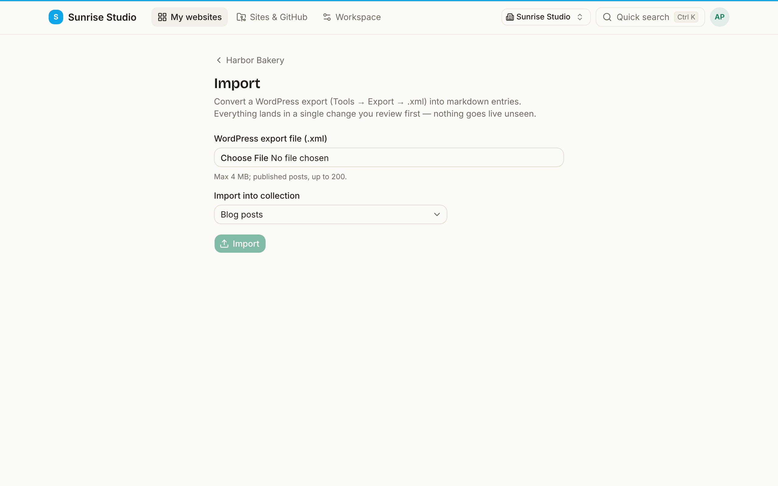 The Import page of a site: a WordPress export file (.xml) picker with the note Max 4 MB; published posts, up to 200, an Import into collection dropdown set to Blog posts, and an Import button
