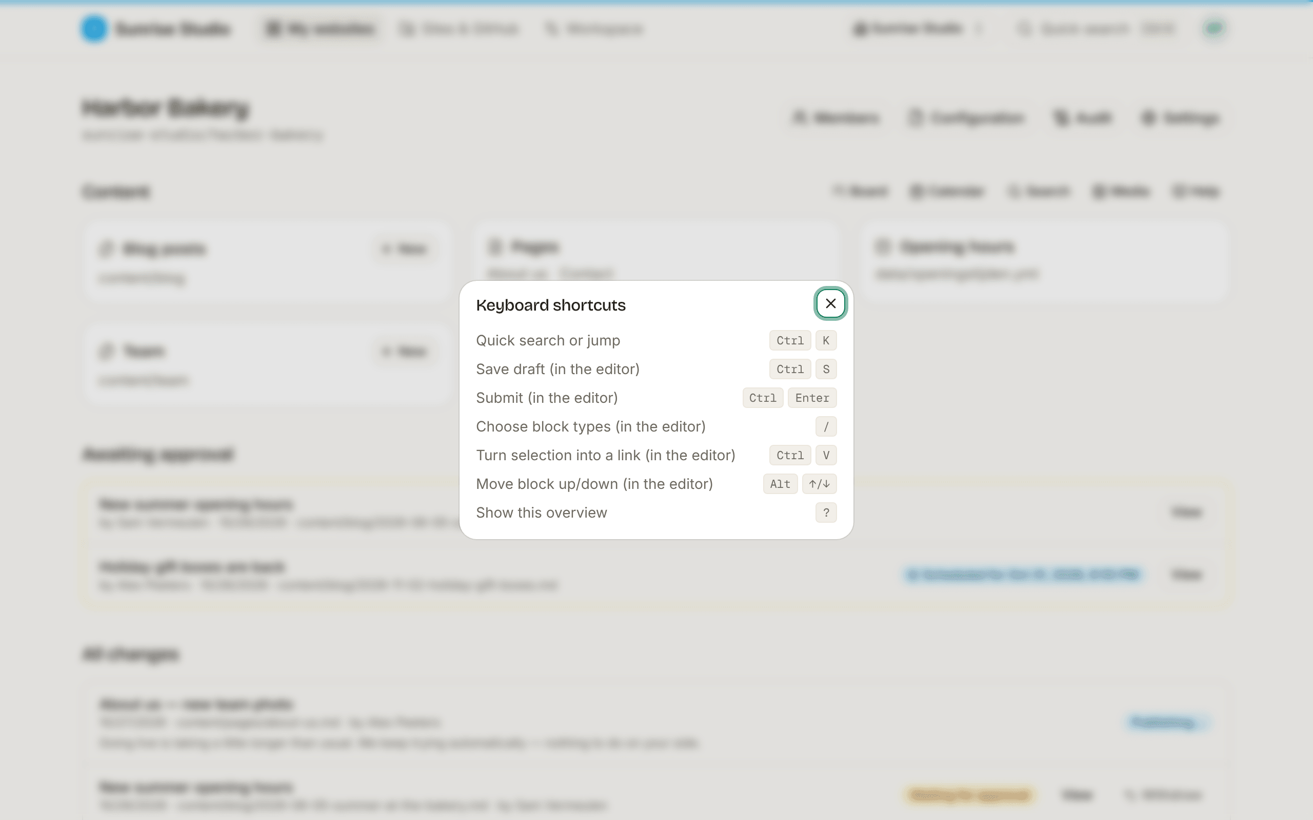 The Keyboard shortcuts overview dialog listing quick search (Ctrl K), save draft (Ctrl S), submit (Ctrl Enter), block types (/), link from selection (Ctrl V), move block (Alt ↑/↓) and this overview (?)