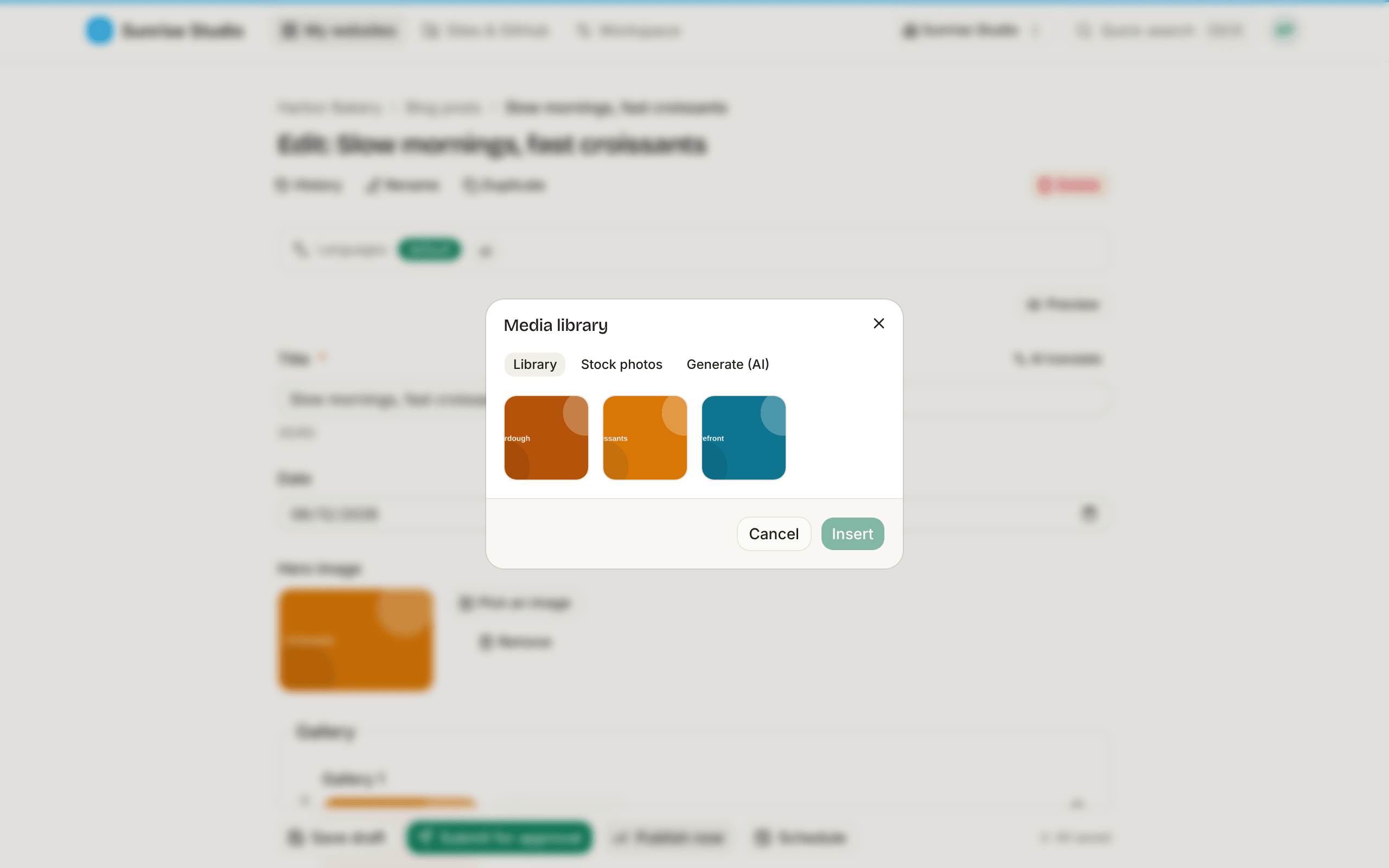 The Media library dialog over the editor with Library, Stock photos and Generate (AI) tabs, the site's uploaded photos as thumbnails, and Cancel and Insert buttons