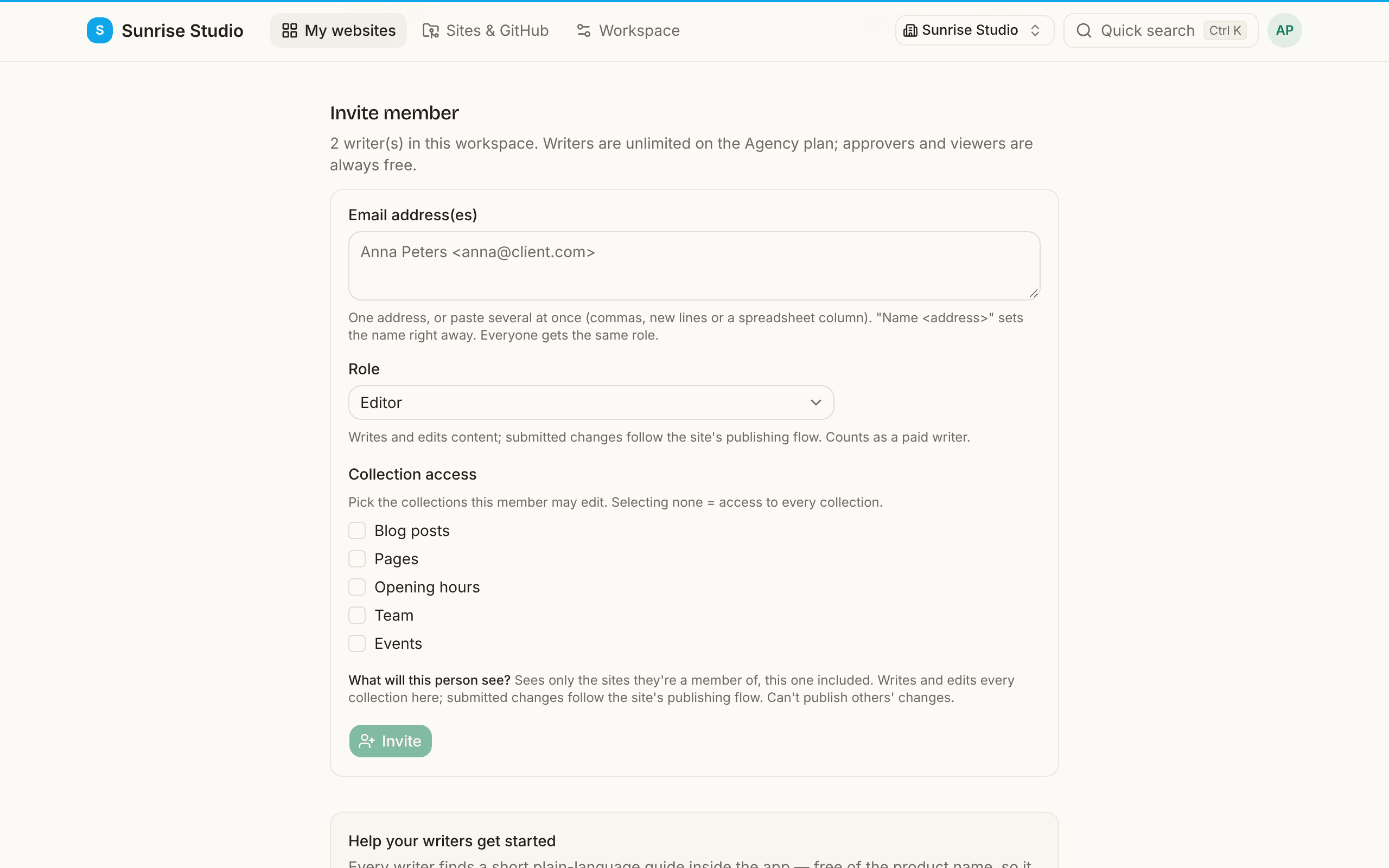 The Invite member form on a site's Members page: an Email address(es) box that accepts one or many addresses, a Role dropdown set to Editor with its explanation, Collection access checkboxes for Blog posts, Pages, Opening hours, Team and Events, a “What will this person see?” summary and an Invite button