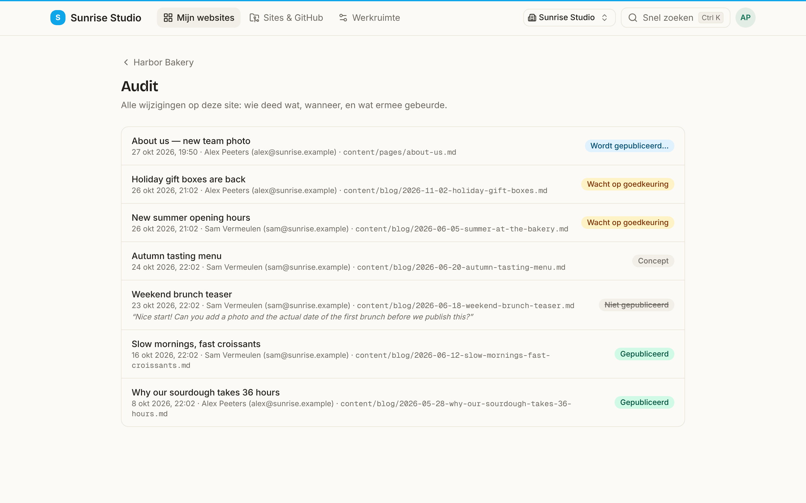 De pagina Audit van een site met elke wijziging, haar titel, tijd, auteur en bestandspad, en een statusbadge: Wordt gepubliceerd…, Wacht op goedkeuring, Concept, Niet gepubliceerd (met de opmerking van de nakijker geciteerd) en Gepubliceerd