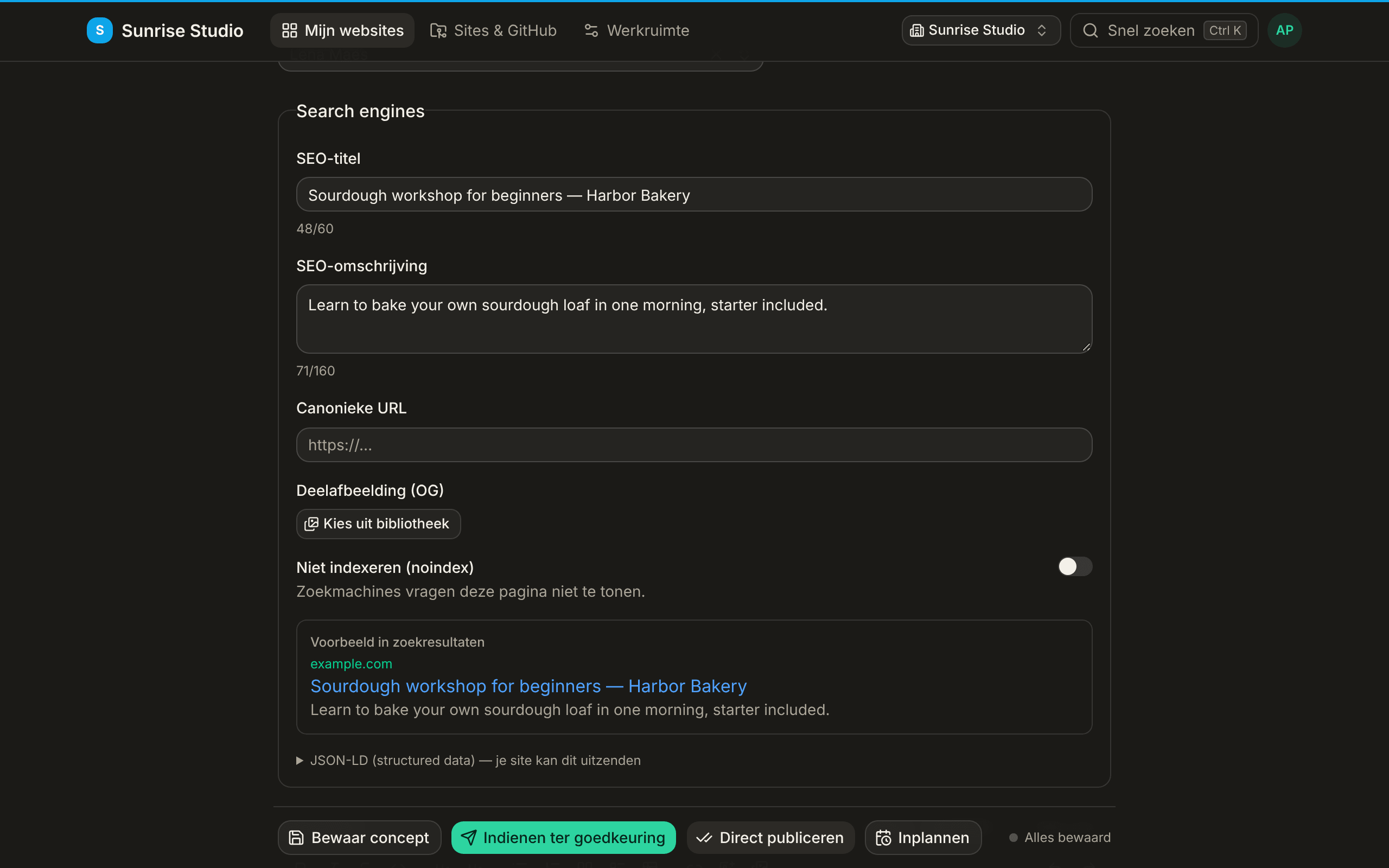 Het blok Search engines van een item: SEO-titel en SEO-omschrijving met tekentellers, Canonieke URL, Deelafbeelding (OG) met Kies uit bibliotheek, een schakelaar Niet indexeren en een Voorbeeld in zoekresultaten dat toont hoe de pagina in Google verschijnt