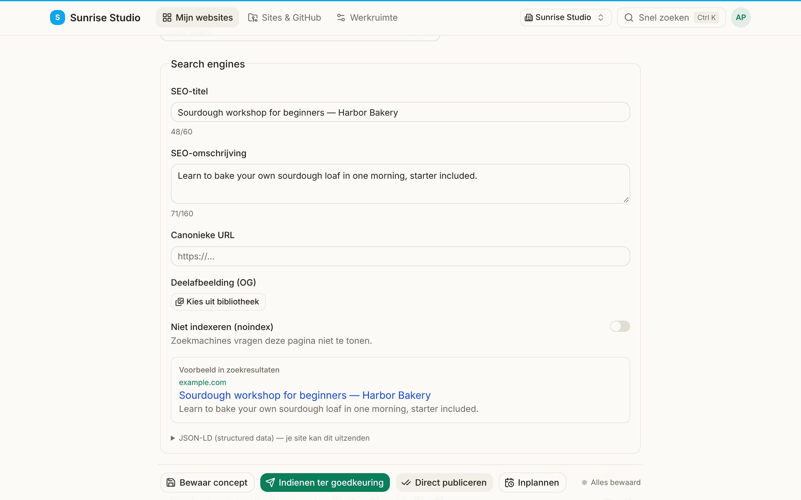 Het blok Search engines van een item: SEO-titel en SEO-omschrijving met tekentellers, Canonieke URL, Deelafbeelding (OG) met Kies uit bibliotheek, een schakelaar Niet indexeren en een Voorbeeld in zoekresultaten dat toont hoe de pagina in Google verschijnt