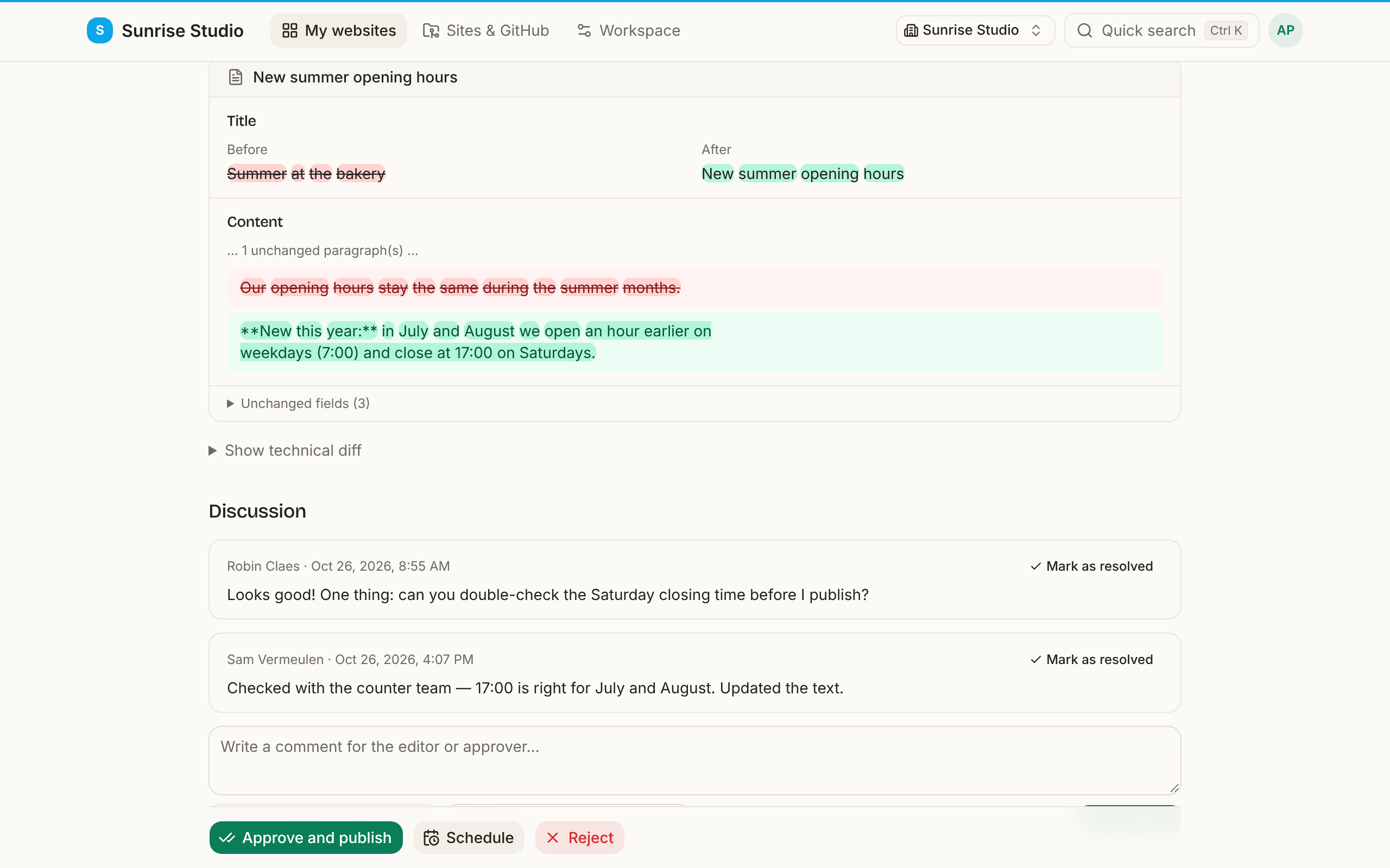 The Discussion section of a review page: two comments between the approver and the writer, each with a Mark as resolved link, and below them a comment box with a Type @ to mention someone hint, an Assign to… dropdown and a Comment button