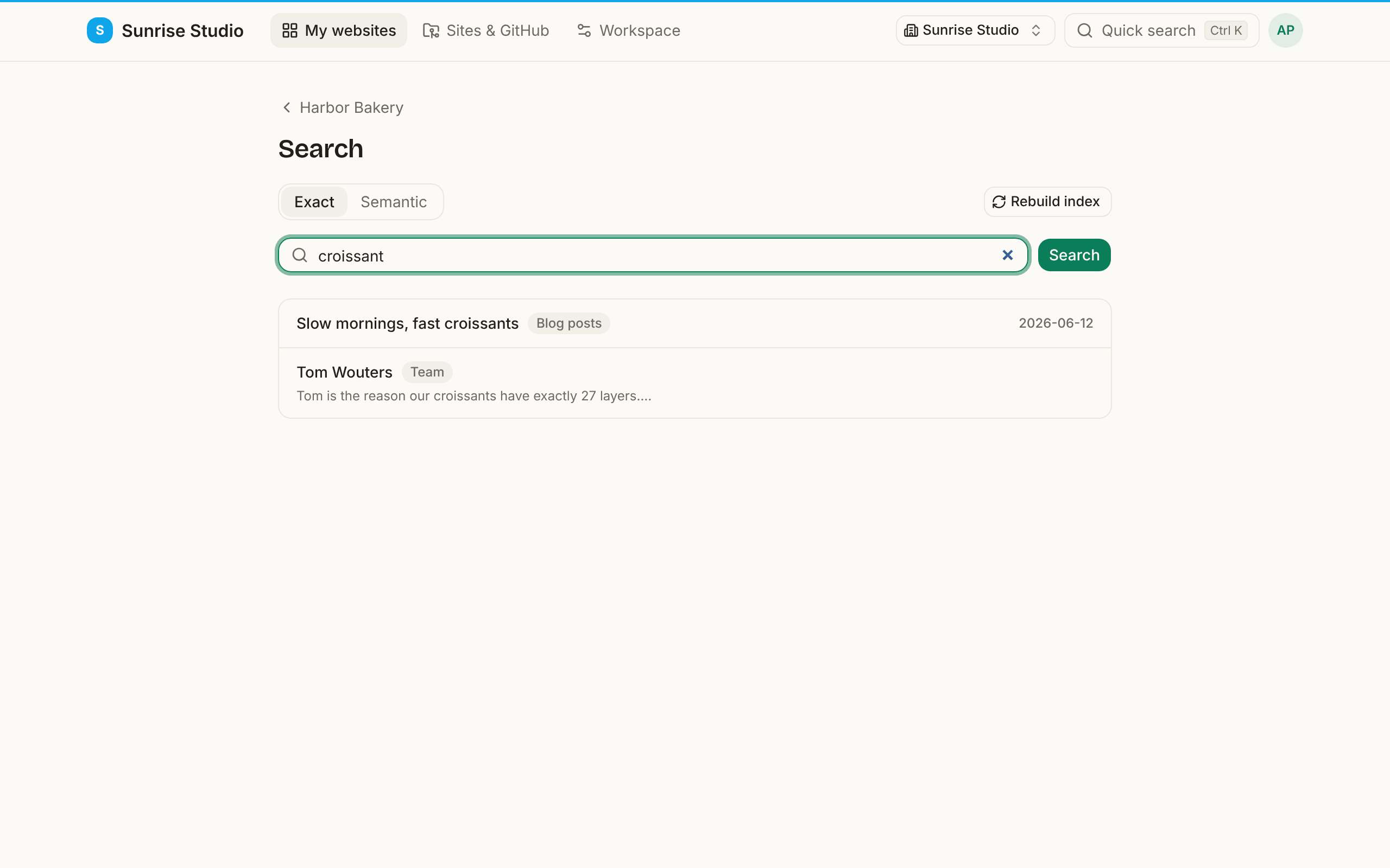 The site search page with Exact mode selected and the query “croissant”: two results, a blog post with its date and a team member whose bio mentions croissants, each labelled with its collection